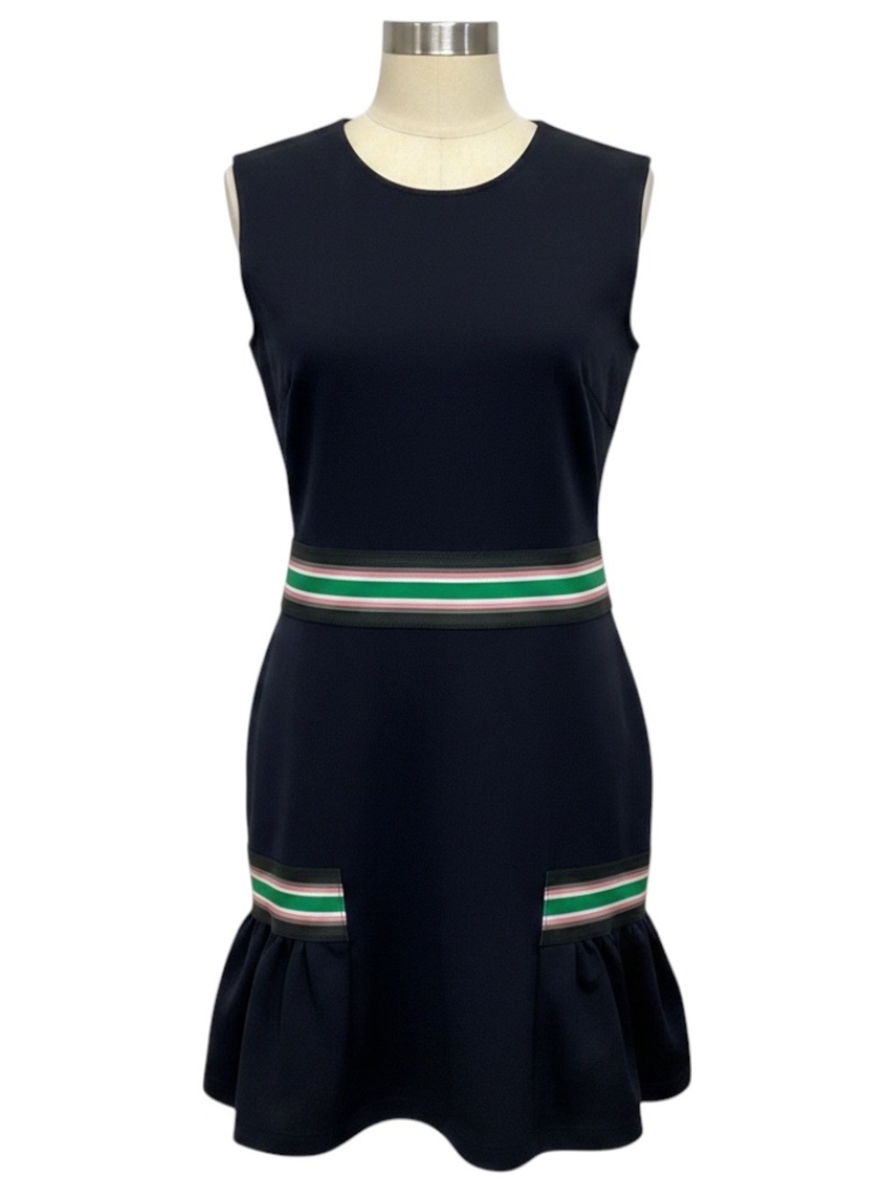 CHRISTOPHER KANE NAVY BLUE STRETCH KNIT PEPLUM HEM DRESS WITH GREEN STRIPE ELAST